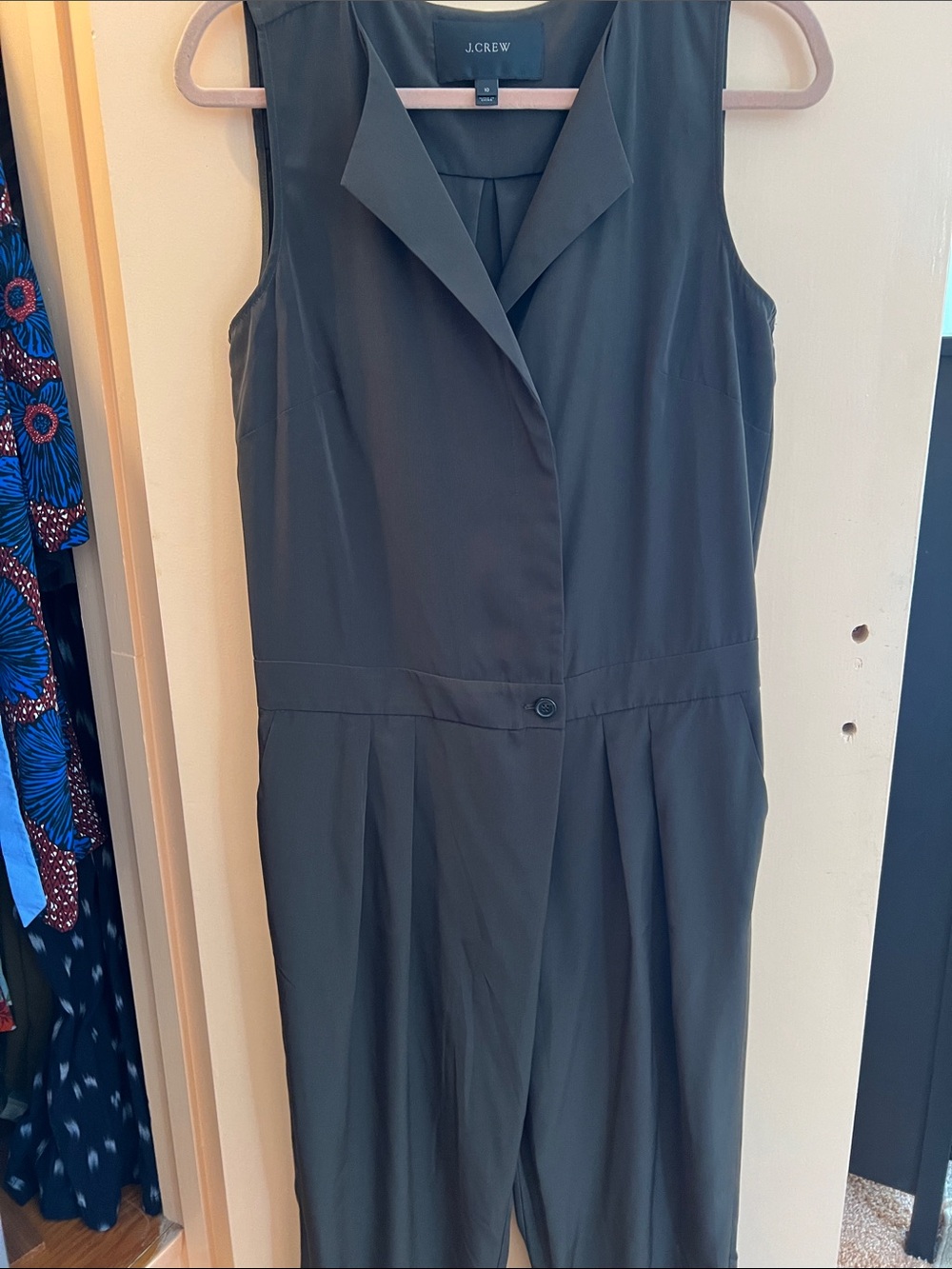 J. Crew Sleeveless Khaki Jumpsuit with Notch Collar